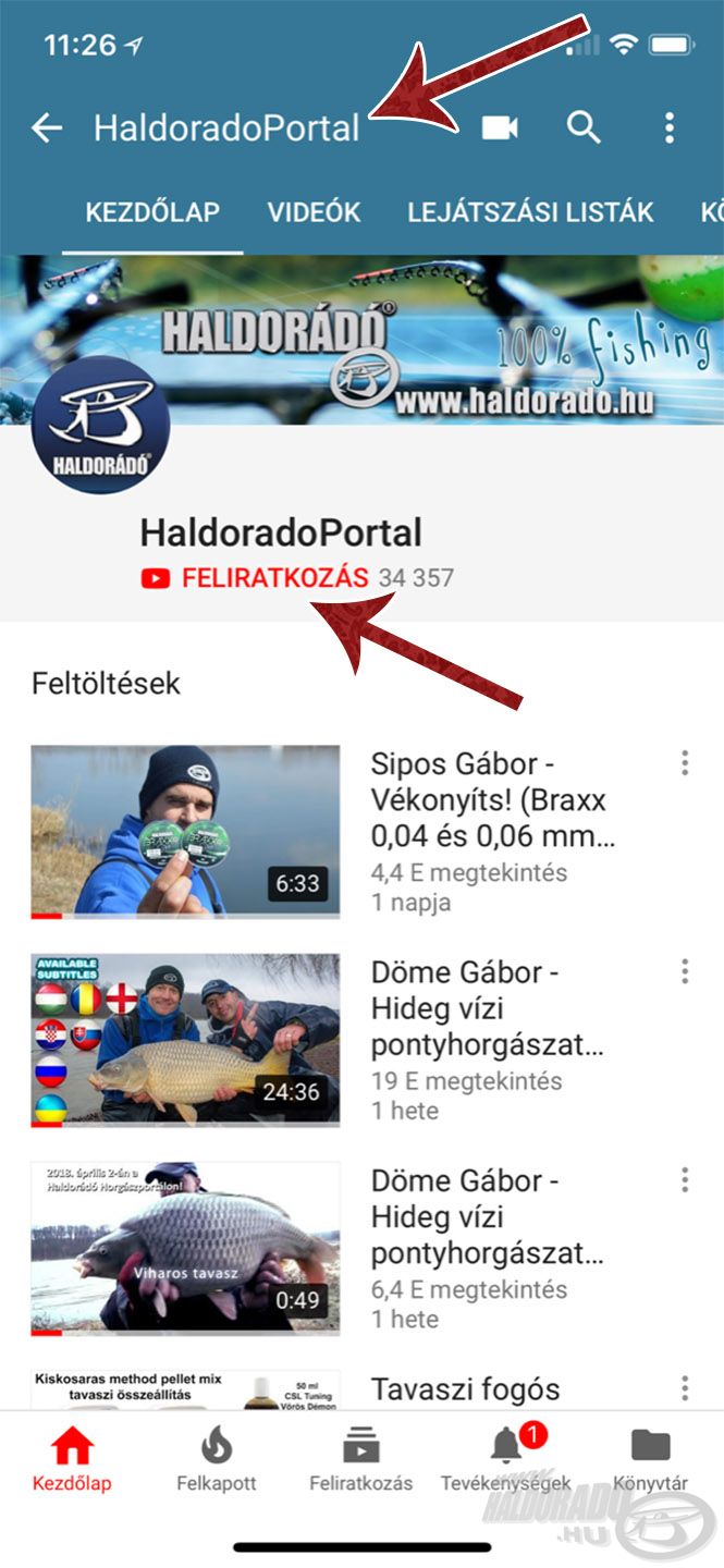 A YouTube alkalmazásban keressen rá a HaldoradoPortal szóra