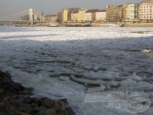 Télen ilyen is lehet a Duna. Alacsony vízállás, hatalmas jégtáblák, szunnyadó halak és álmodozó horgászok. Csak a menyhal aktív, ha van egyáltalán belőle