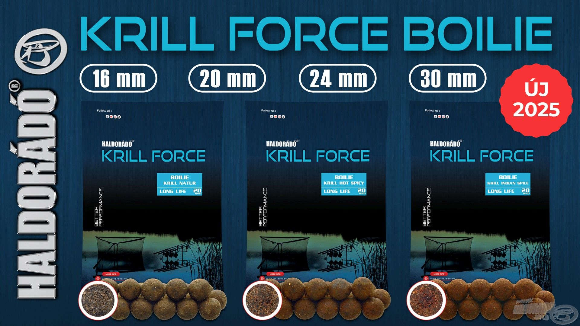 A Krill Force Boilie Long Life négy különböző, 16, 20, 24 és 30 mm-es méretben érhető el