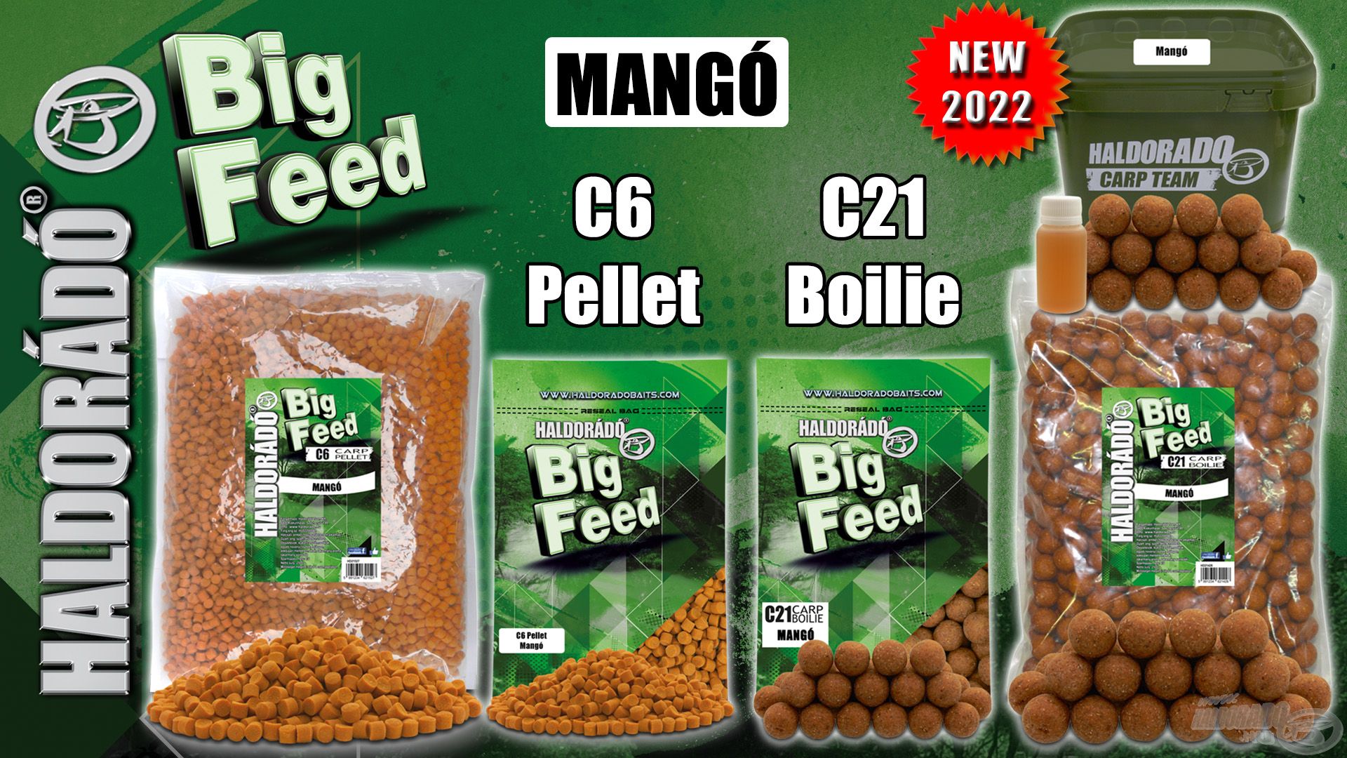 Az új mangó ízváltozat megtalálható Big Feed C6 Pellet formában 800 és 2500 grammos kiszerelésben, és természetesen Big Feed C21 Boilie formában 800, 2500 grammos, valamint vödrös változatban is