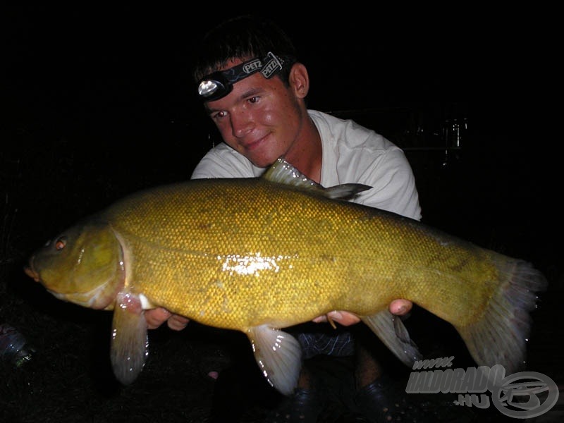 A túra során akadt horogra a valaha kifogott legnagyobb compóm (3,12 kg). Az önkioldóval készített kép ebben az esetben kivételesen pazarul sikerült!