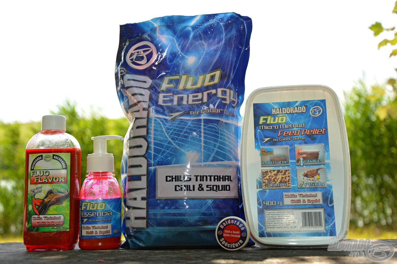 A Chilis Tintahal íz is 4 Fluo termékben került forgalomba: Fluo Flavor, Fluo Essencia, Fluo Energy etetőanyag és Fluo Micro Method Feed Pellet