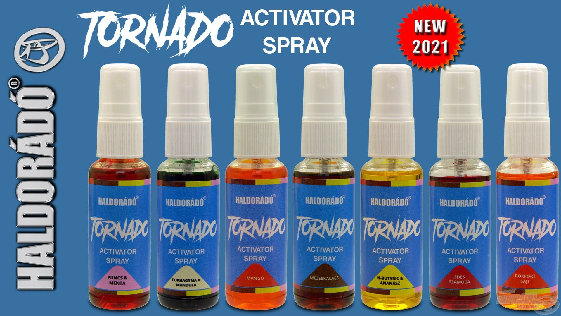 A Tornado csalikkal megegyező ízekben és színekben elérhető a Tornado Activator Spray, amellyel bármilyen csalit feltűnő és kívánatos falattá lehet varázsolni