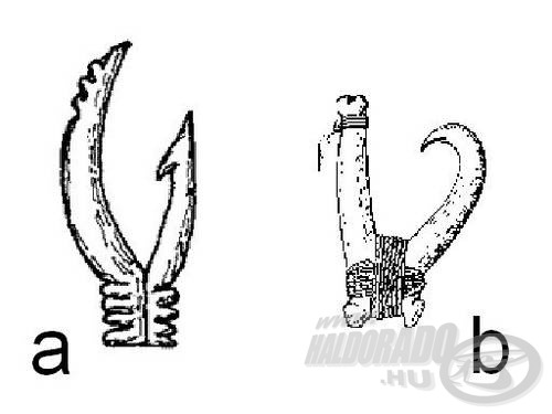 Összetett horog Oroszországból (a), emberi csontból készített horog a Húsvét-szigetekről (b)