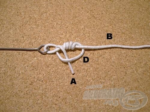 Ha módosított vagy biztonsági Clinch-et kötünk, akkor folytatnunk kell a kötést. Az (A) véget bújtassuk át a (D) hurkon