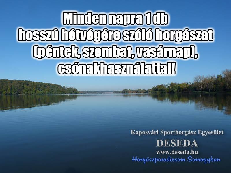 Kozári Miklós és a Kaposvári Sporthorgász Egyesület felajánlásából minden nap lehetőség lesz egy értékes, hosszú hétvégére szóló horgászjegyet nyerni a Desedára