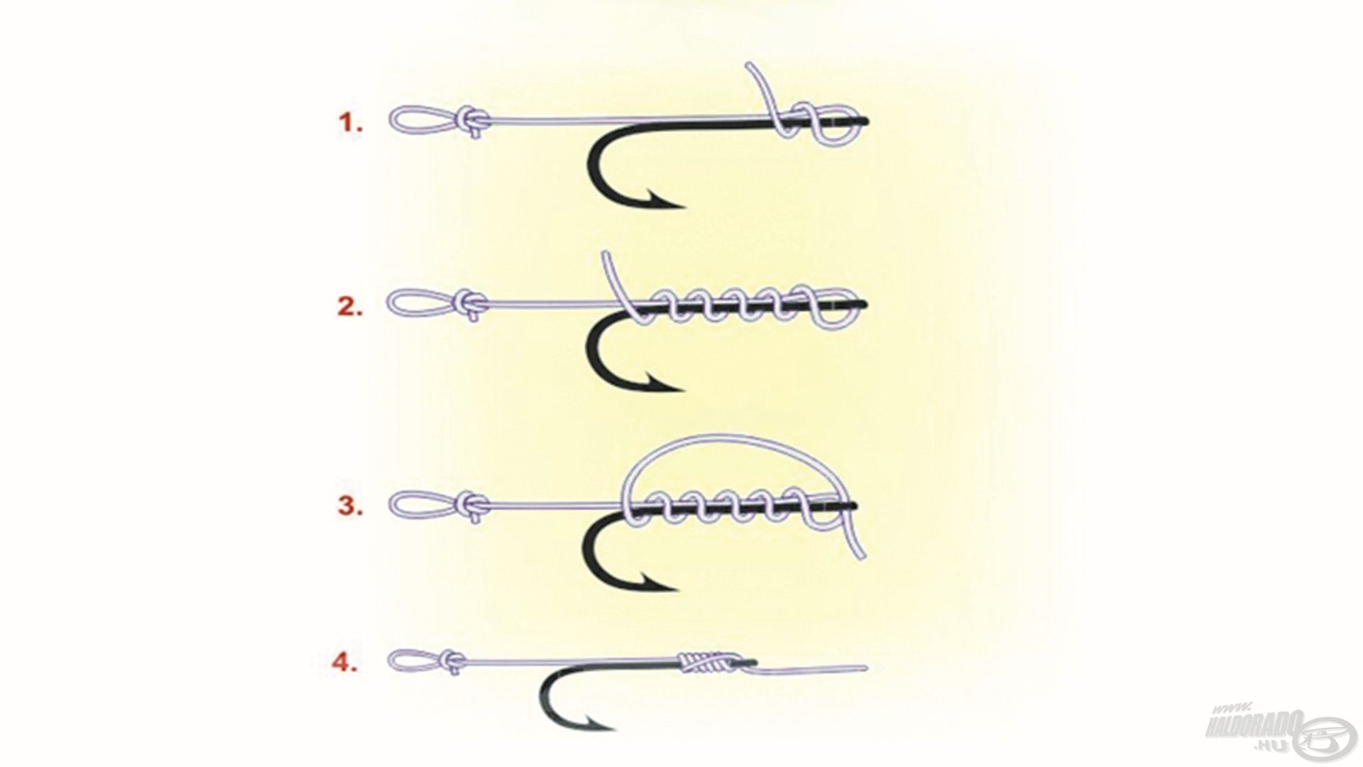 2. lépés: egy csomómentes kötéssel fel kell kötni a horgot (az ábrán a hajszálelőke véghurokkal van lezárva, nekünk ott van a csalitüske)