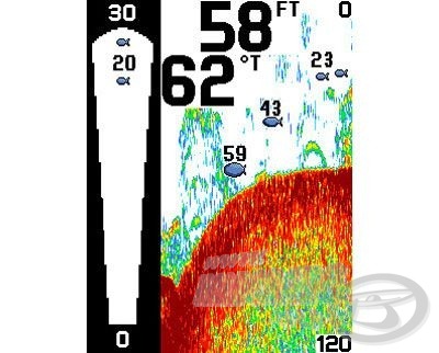Ilyen képet látunk a halradar kijelzőjén. Egyszerre látjuk (csónakból használva) a hajó alatti mederfeneket, valamint az oldalirányú mederszerkezetet és halakat