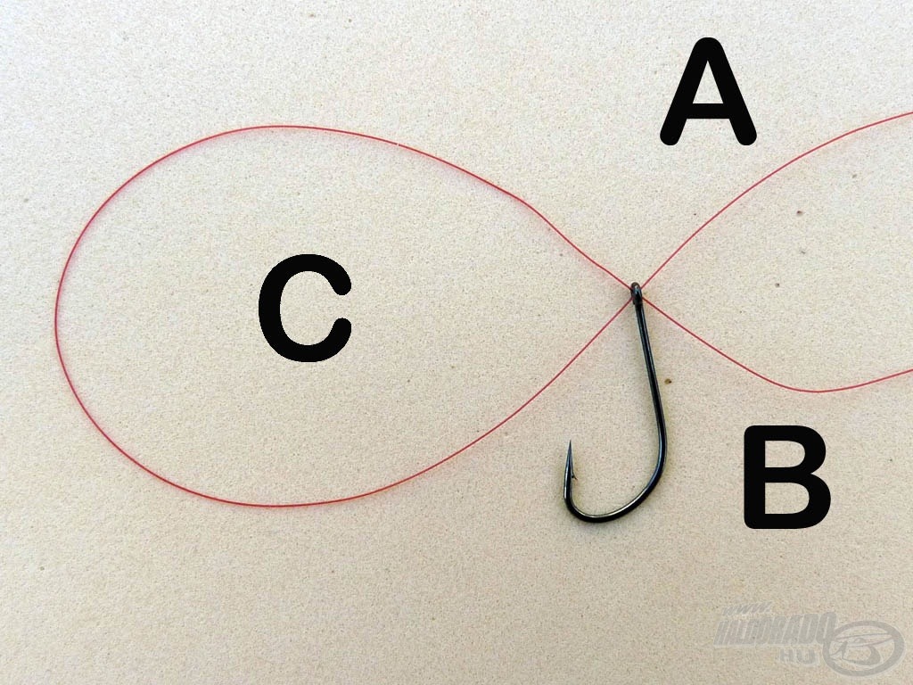 Kezdjünk el kötni egy Palomar csomót. Fűzzük vissza a B szálvéget a horog fülén. Így megkapjuk a C hurkot. A Palomar helyett a Drop shot csomót is alkalmazhatjuk, amelyet lépésről-lépésre megtalálunk a Kötések egyszerűen rovat 21. részében
